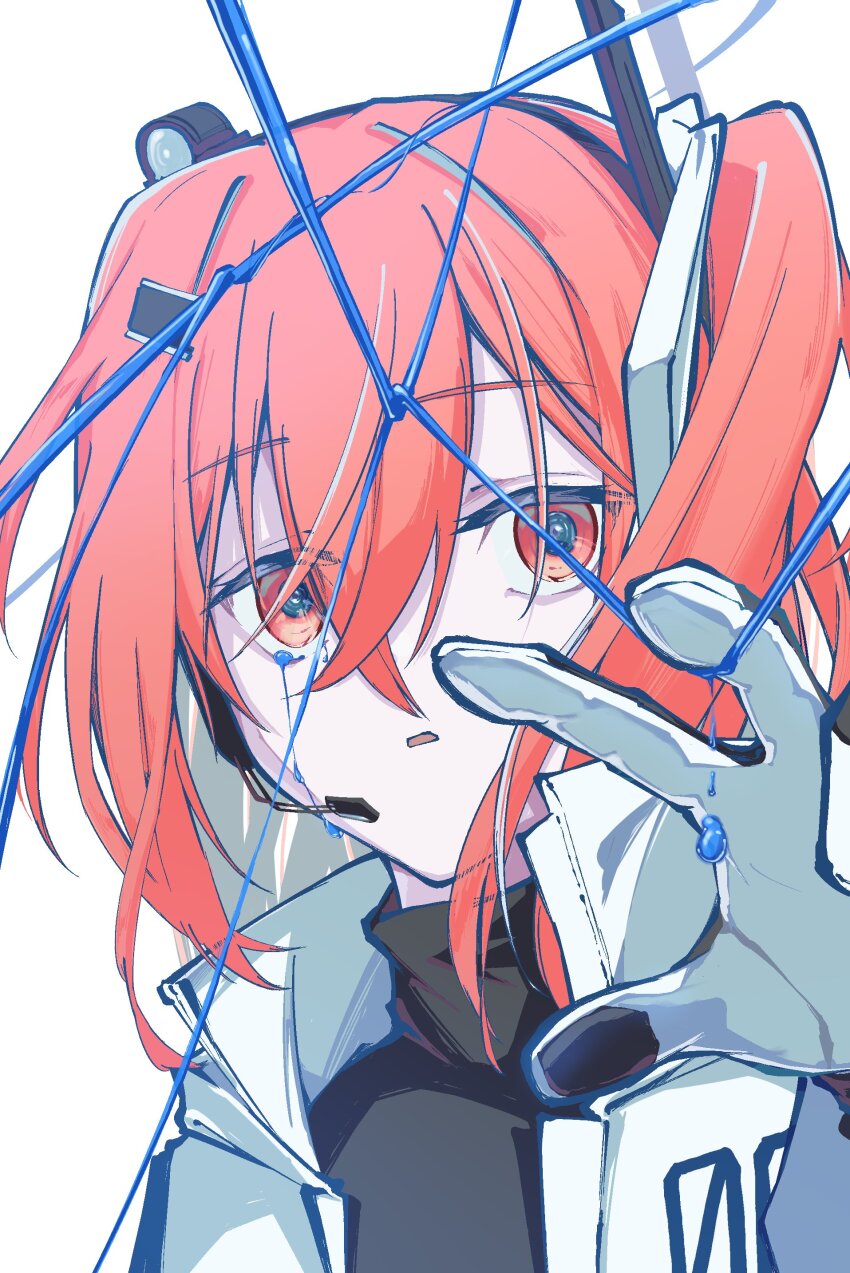 1girl a.i._voice absurdres adachi_rei black_shirt blue_string closed_mouth commentary_request gloves hair_between_eyes hair_ribbon headlamp headphones headset highres jacket looking_at_viewer microphone open_mouth orange_eyes radio_antenna ribbon shirt side_ponytail simple_background solo teckinder utau white_background white_gloves white_jacket white_ribbon