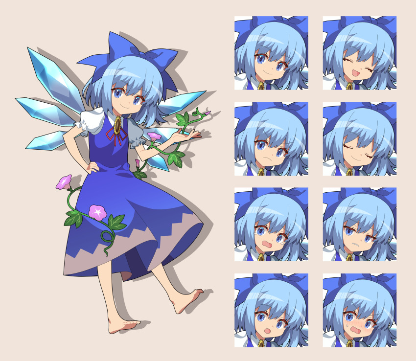 &gt;:( 1girl 4rion :d :o absurdres barefoot blue_bow blue_dress blue_eyes blue_hair blush bow cirno closed_eyes closed_mouth collared_shirt commentary_request dress drop_shadow flower frilled_sleeves frills full_body hair_bow hand_on_own_hip hidden_star_in_four_seasons highres ice ice_wings leaf looking_at_viewer morning_glory multiple_expressions nose_blush open_mouth pinafore_dress plant puffy_short_sleeves puffy_sleeves red_ribbon ribbon shirt short_hair short_sleeves simple_background sleeveless sleeveless_dress small_sweatdrop smile solo sunflower tachi-e tearing_up touhou v-shaped_eyebrows vines wings