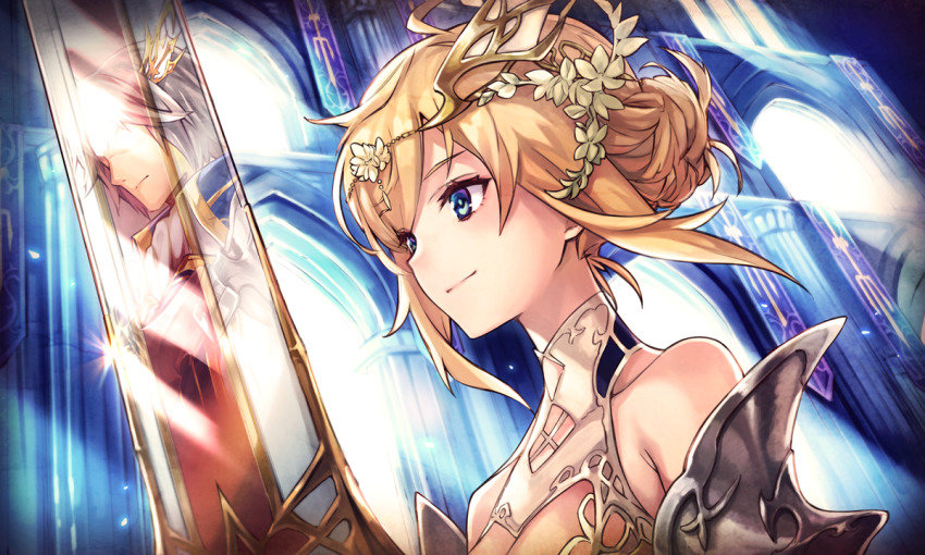 1boy 1girl ahoge armor bare_shoulders blonde_hair blue_eyes breasts cathedral cleavage cleavage_cutout closed_mouth clothing_cutout commentary_request different_reflection dress flower hair_bun hair_flower hair_ornament hair_up holding holding_sword holding_weapon indoors kanon_(ta_ga_tame_no_alchemist) light_rays official_art reflection remembering second-party_source shoulder_armor single_hair_bun smile strapless strapless_dress sunbeam sunlight sword ta_ga_tame_no_alchemist weapon zain_(ta_ga_tame_no_alchemist)