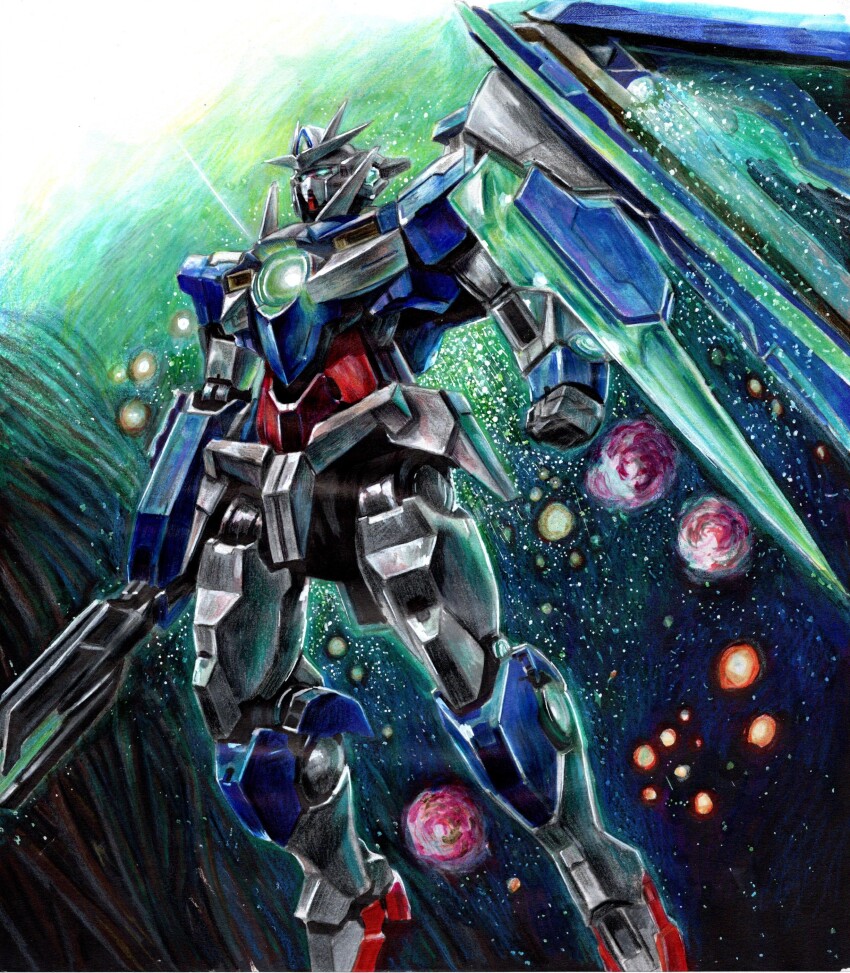 00_qan[t] 07nono06 absurdres bit_(gundam) commentary_request gn_drive green_eyes gundam gundam_00 gundam_00_a_wakening_of_the_trailblazer highres holding holding_sword holding_weapon mecha mecha_focus mobile_suit no_humans robot shield solo sword v-fin weapon