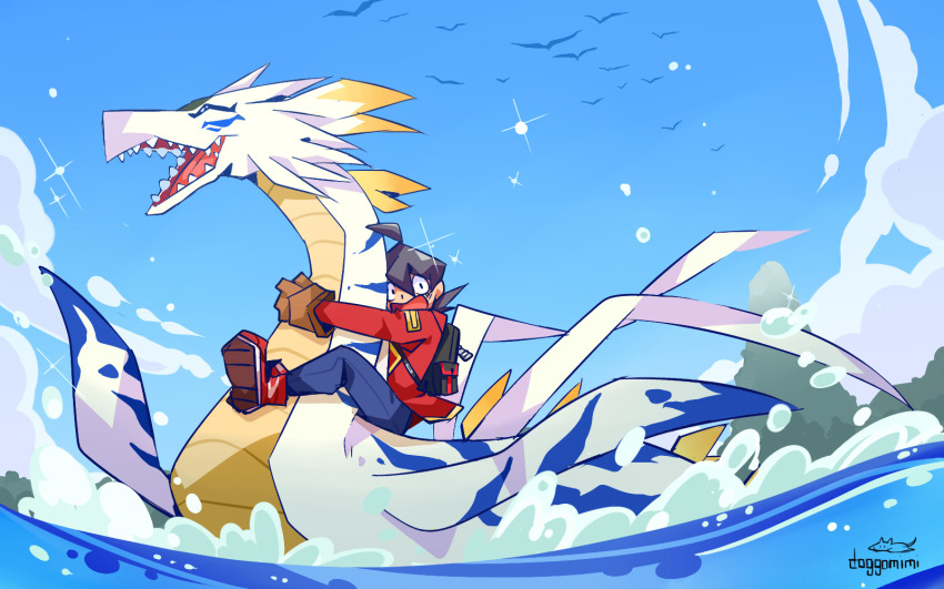 digimon happy highres hug plesiomon plesiosaur scared sky smile water