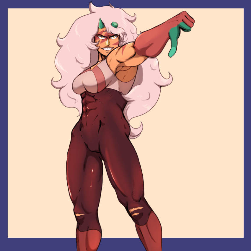 1girl abs bodysuit breasts colored_skin facial_mark giltori grin highres horns jasper_(steven_universe) long_hair medium_breasts muscular orange_skin smile solo standing steven_universe thumbs_down white_hair