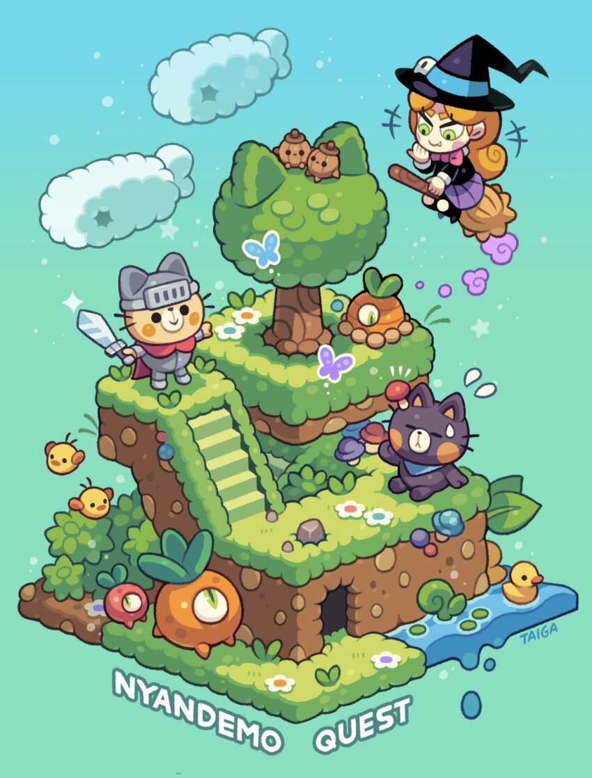 1girl animal_ears animate_object bee bird broom bug butterfly carrot cat cat_ears cave cloud duck field grass highres insect kayama_taiga knight leaf on_grass one-eyed original stairs tree water witch