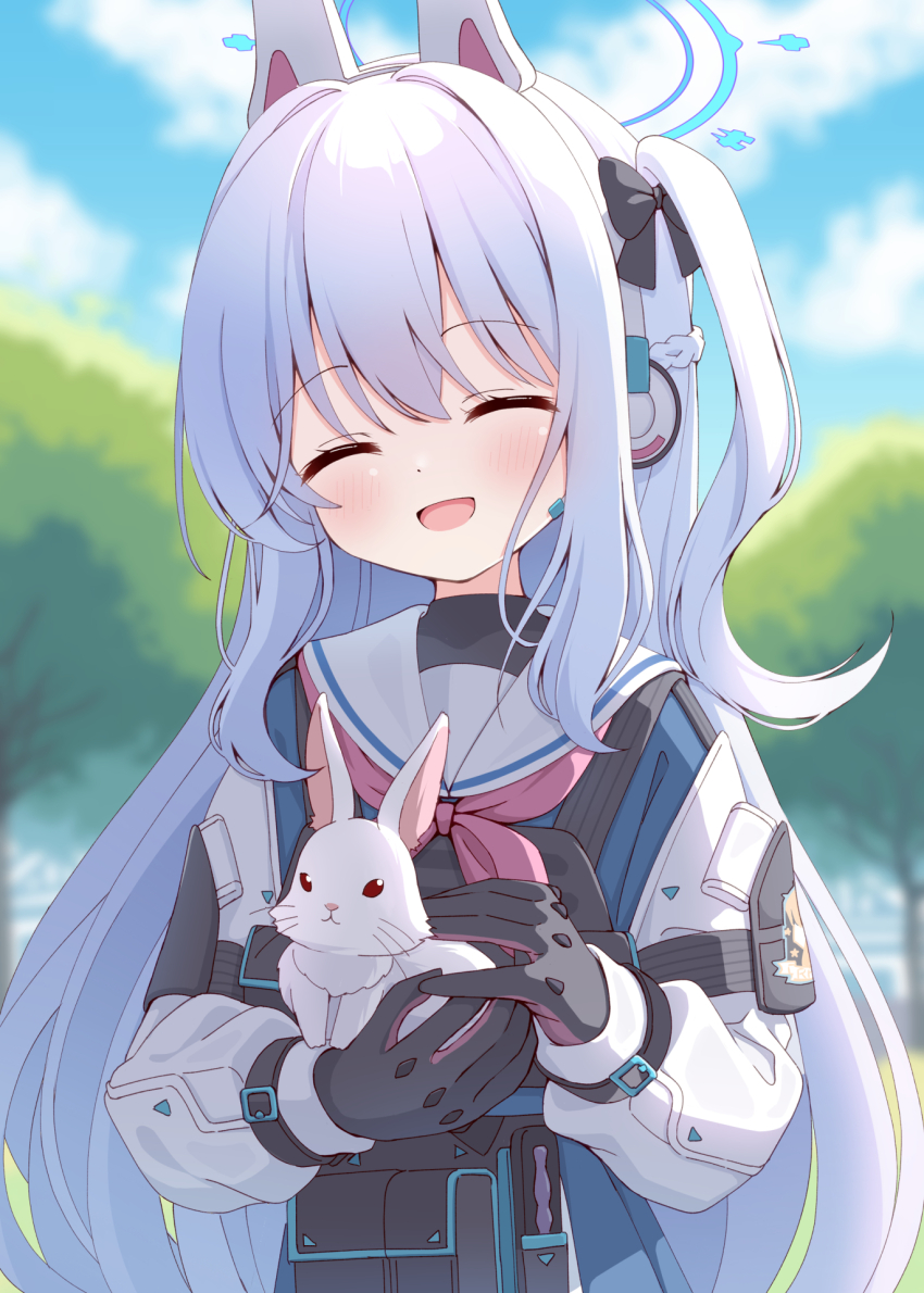1girl :d ^_^ animal animal_ears azel_(laevateinn495) black_bow black_gloves blue_archive blue_halo blue_serafuku blue_shirt blue_skirt blurry blurry_background blush bow braid closed_eyes commentary_request cowboy_shot crown_braid day facing_viewer fake_animal_ears gloves grey_hair hair_between_eyes hair_bow half_up_braid halo happy highres holding holding_animal holding_rabbit long_hair long_sleeves miyako_(blue_archive) neckerchief one_side_up open_mouth outdoors pink_neckerchief pleated_skirt pyonko_(blue_archive) rabbit rabbit_ears red_neckerchief sailor_collar school_uniform serafuku shirt skirt smile solo very_long_hair white_hair white_rabbit_(animal) white_sailor_collar