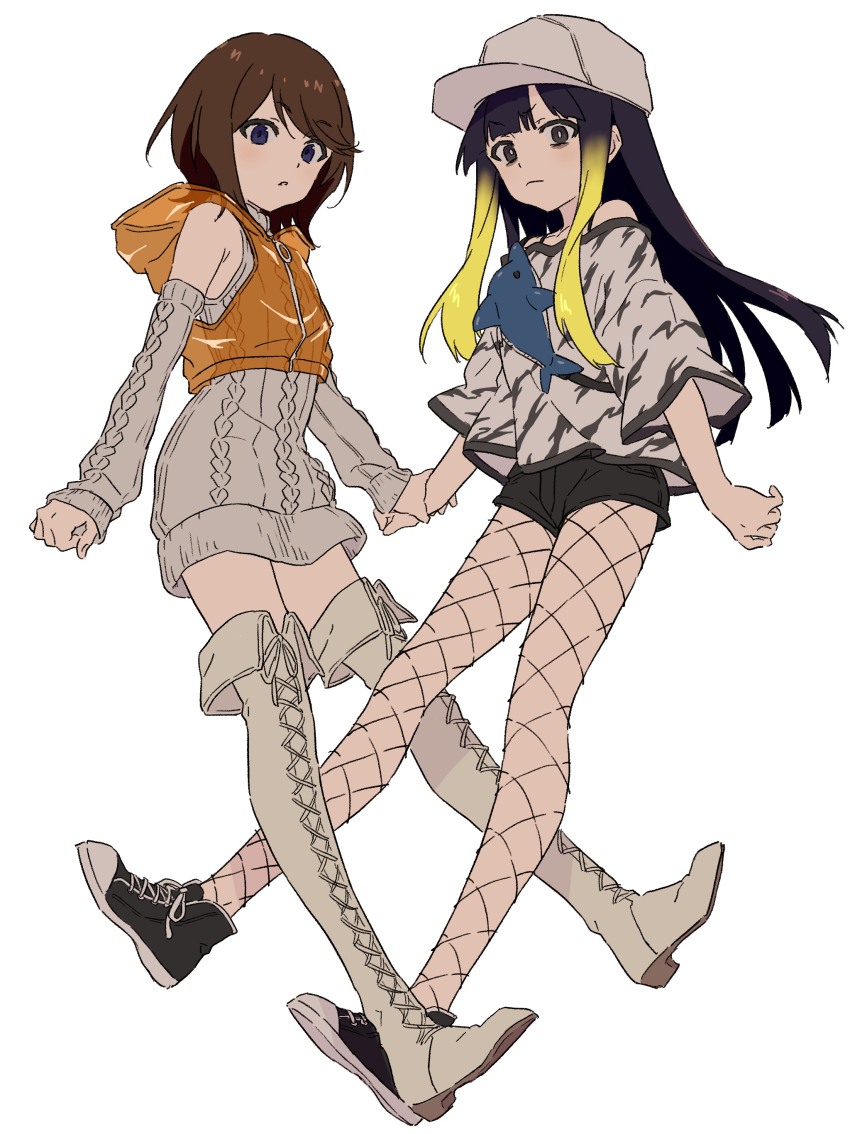2girls absurdres animal_print aran_sweater arms_at_sides bare_shoulders baseball_cap black_eyes black_footwear black_hair black_shirt black_shorts blonde_hair blue_eyes blunt_bangs boots bright_pupils brown_footwear brown_hair cable_knit closed_mouth commentary cropped_hoodie curled_fingers detached_sleeves dress expressionless fishnet_pantyhose fishnets flat_chest full_body gradient_hair hat highres holding_another&#039;s_wrist hood hood_down hoodie kinuhata_saiai kuroyoru_umidori lace-up_boots light_blush long_hair long_sleeves looking_at_viewer multicolored_hair multiple_girls no_socks off-shoulder_shirt off_shoulder orange_hoodie pantyhose pantyhose_under_shorts parted_lips see-through_hoodie shirt shoes short_hair short_shorts shorts sidelocks simple_background sleeveless sleeveless_hoodie sleeveless_sweater sneakers stuffed_animal stuffed_dolphin stuffed_toy sweater sweater_dress swept_bangs teruya_(6w6y) thigh_boots thighhighs toaru_majutsu_no_index two-tone_footwear two-tone_hair white_background white_footwear white_headwear white_pupils white_shirt zettai_ryouiki zipper zipper_pull_tab