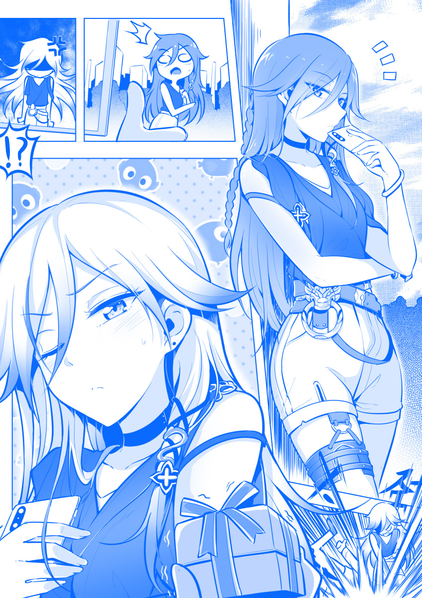 absurdres anger_vein belt black_shirt carrier china_dress chinese_clothes choker clothing_cutout dragon_print dress fu_hua fu_hua_(night_squire) fu_hua_(rustic_noir) hair_between_eyes highres honkai_(series) honkai_impact_3rd long_hair low-cut_armhole multiple_belts shirt shorts side_cutout white_shorts