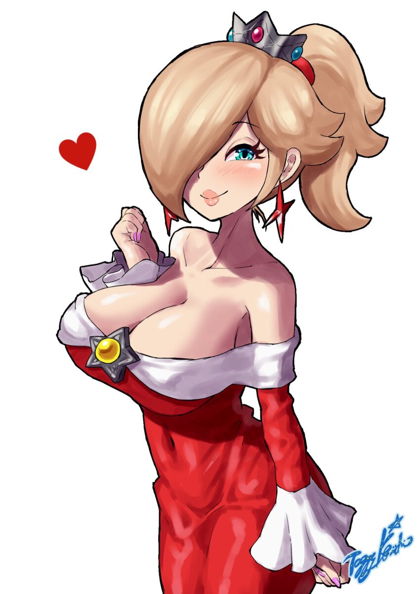 1girl bare_shoulders blonde_hair blue_eyes blush breasts brooch cleavage collarbone crown dress earrings fire_rosalina hair_over_one_eye heart highres jewelry large_breasts looking_at_viewer mario_(series) nintendo off-shoulder_dress off_shoulder ponytail red_dress rosalina signature solo star_(symbol) star_brooch star_earrings super_mario_3d_world toggy_keiichi