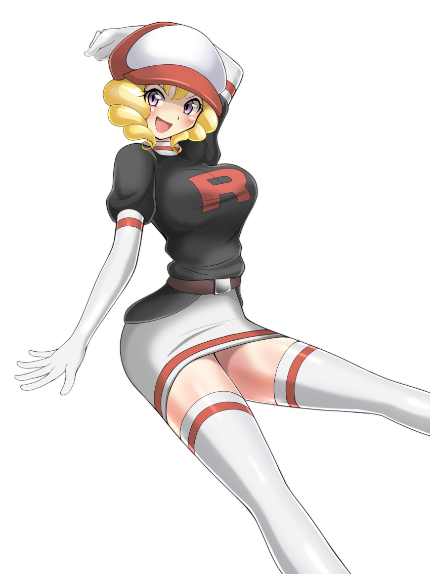 absurdres belt belt_buckle beret blonde_hair buckle domino_(pokemon) elbow_gloves feet_out_of_frame gloves hat highres looking_to_the_side nintendo open_mouth pointing pokemon pokemon_(anime) pokemon_(classic_anime) purple_eyes short_sleeves shoukin500 skirt smile team_rocket team_rocket_uniform thighhighs twintails white_background white_gloves white_legwear