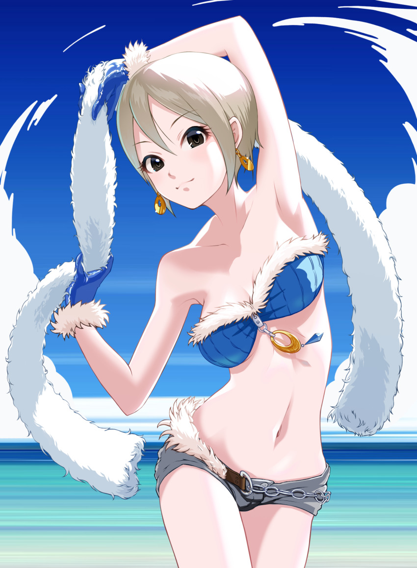1girl argon_(argon18) armpits beach belt blue_bra blush bra breasts commentary_request day earrings fur-trimmed_gloves fur_bra fur_trim gloves grey_hair highres idolmaster idolmaster_cinderella_girls jewelry looking_at_viewer navel outdoors shiomi_syuko short_hair short_shorts shorts small_breasts smile solo underwear