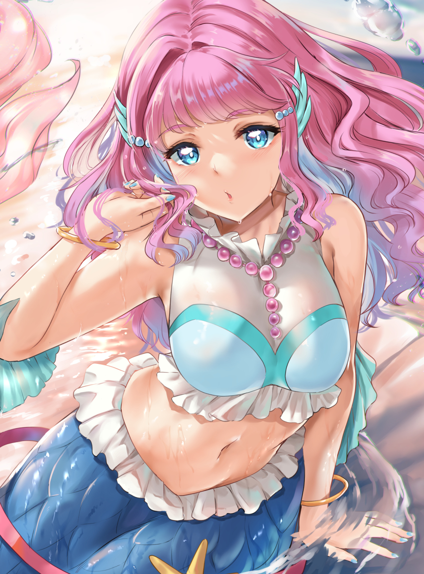1girl absurdres arm_support blue_eyes bracelet breasts fins head_fins highres jewelry kamishiro_ryuu laura_(precure) long_hair looking_at_viewer medium_breasts mermaid midriff monster_girl nail_polish navel partially_submerged pink_hair precure sleeveless solo tropical-rouge!_precure water wet