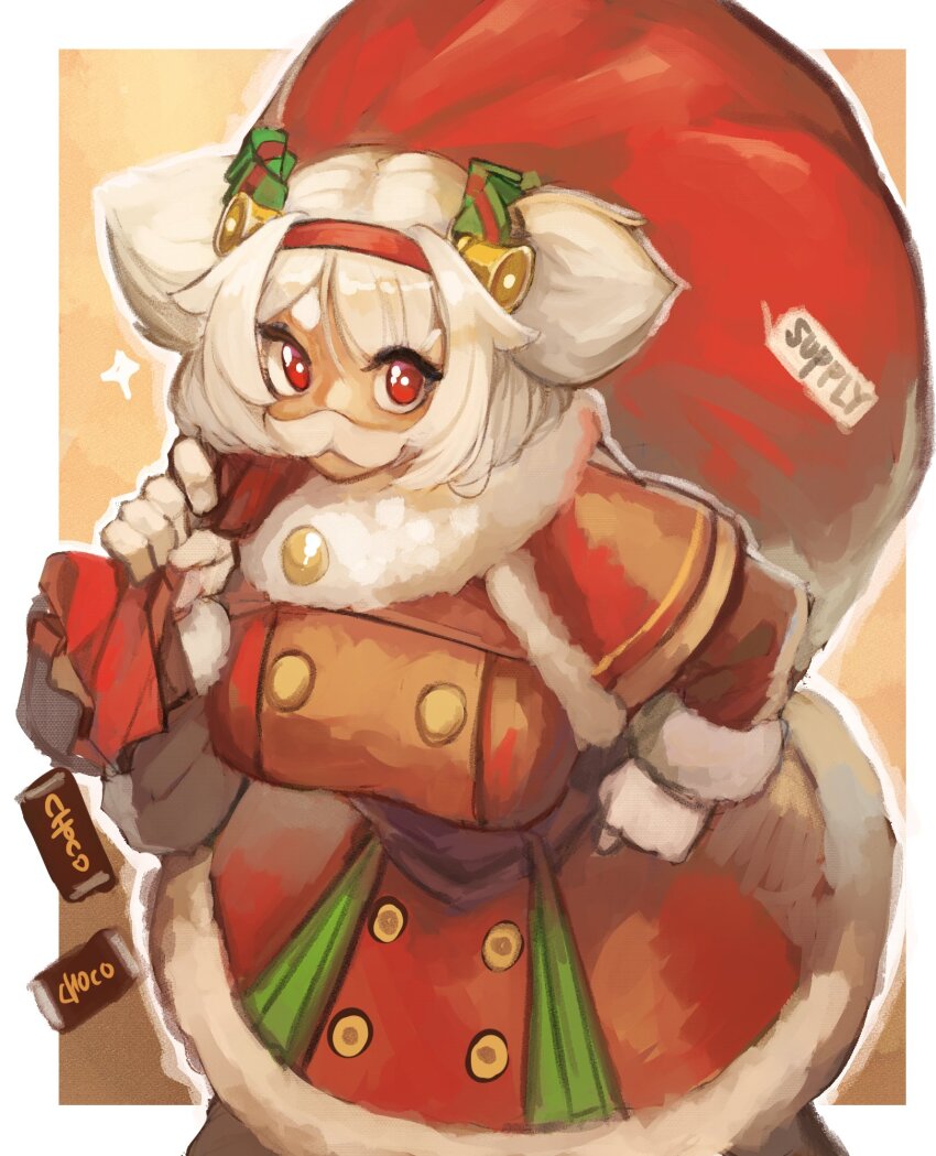 1girl alvis_(last_origin) bag breasts character_request chocolate christmas dress facial_hair female_focus highres large_breasts larribee last_origin mustache red_dress red_eyes solo standing white_hair