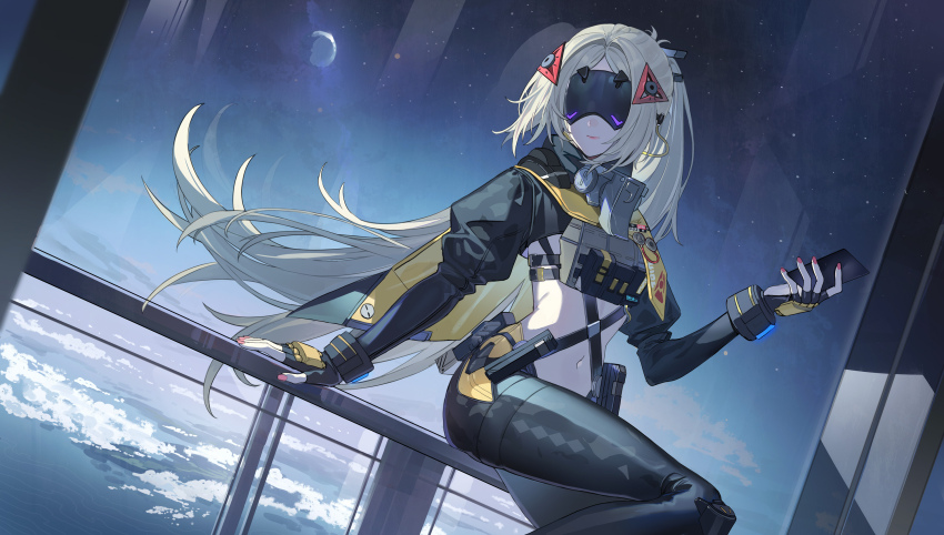 1girl bad_id bad_twitter_id black_gloves black_pants black_shrug blonde_hair camouflage camouflage_jacket camouflage_pants closed_mouth commentary covered_eyes dutch_angle echj english_commentary eye_mask facing_viewer feet_out_of_frame fingerless_gloves gloves hair_ornament highres holding hood hood_down jacket long_hair long_sleeves navel on_railing pants railing shrug_(clothing) sitting smile solo stomach tactical_clothes trigger_(zenless_zone_zero) very_long_hair wind zenless_zone_zero