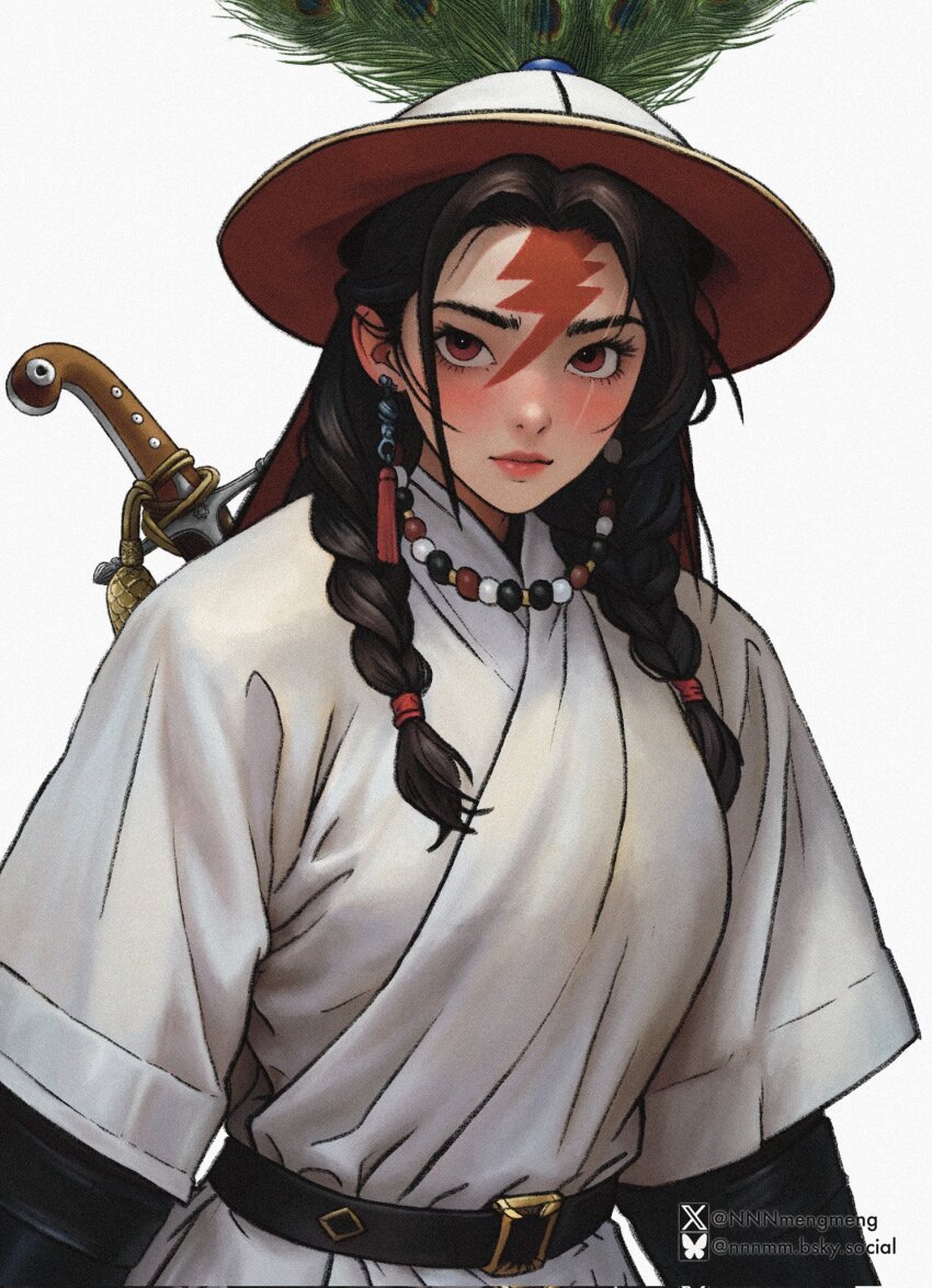 1girl banbi belt black_belt black_hair blush braid chinese_clothes closed_mouth earrings genderswap genderswap_(mtf) hat highres jaghatai_khan jewelry lightning_bolt_symbol looking_at_viewer nnnmengmeng peacock_feathers sheath sheathed simple_background solo sword tassel twin_braids upper_body warhammer_40k weapon white_background