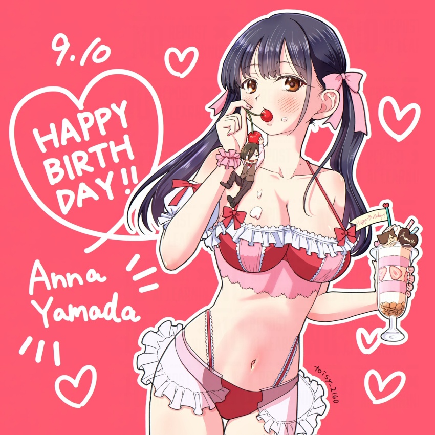 1boy 1girl alternate_costume alternate_hairstyle artist_name bikini black_hair blush boku_no_kokoro_no_yabai_yatsu bow breasts brown_eyes character_name cherry chibi chibi_inset cleavage collarbone commentary_request cowboy_shot cream cream_on_face cup dated english_text food food_on_body food_on_breasts food_on_face frilled_bikini frills fruit glass gradient_background hair_bow happy_birthday highres holding holding_cup holding_food ichikawa_kyoutarou large_breasts long_hair looking_at_viewer mole mole_on_neck multi-strapped_bikini_bottom multiple_moles navel parfait pink_background pink_bow red_bikini solo_focus swimsuit toisy_2160 twintails yamada_anna