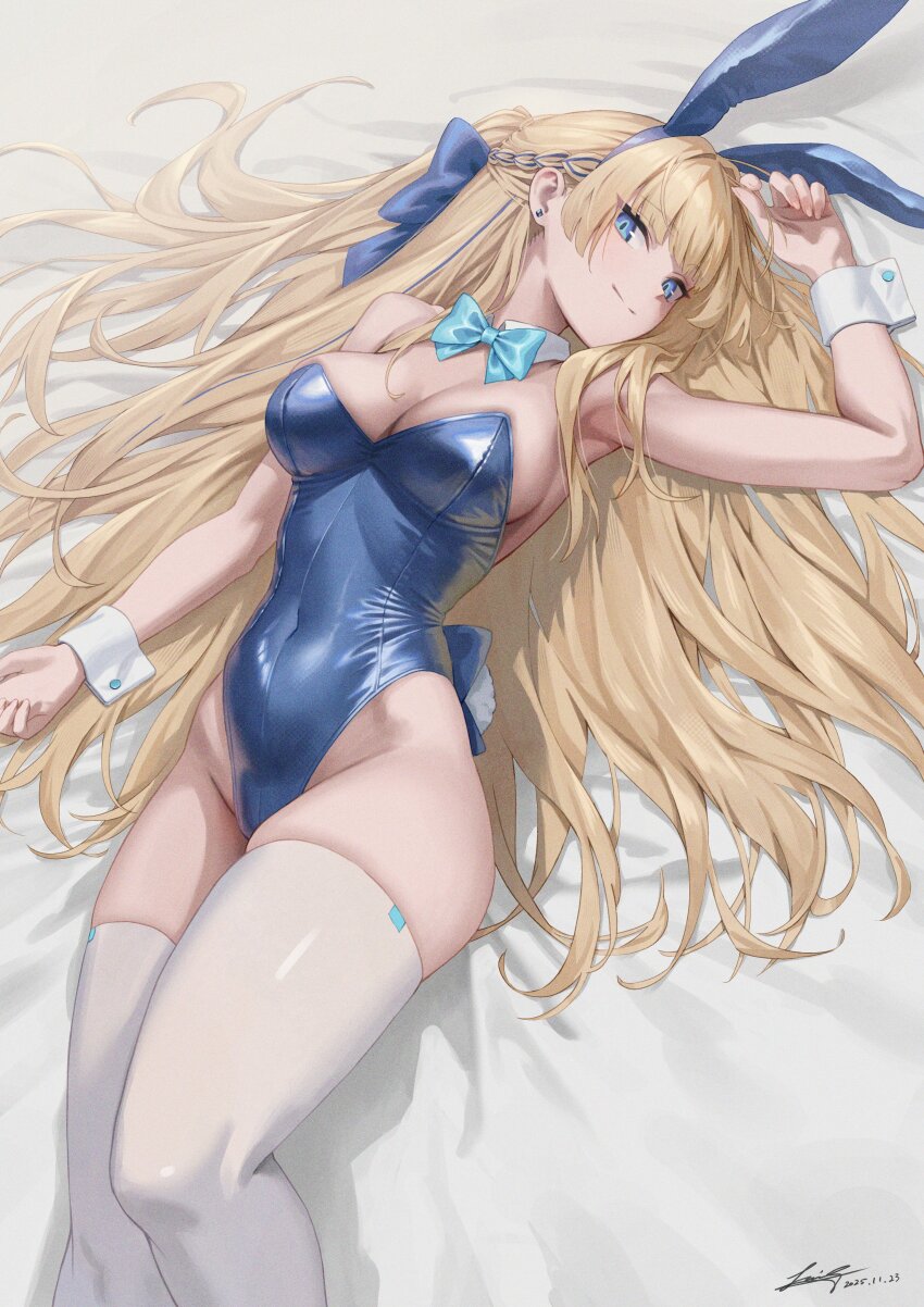 1girl absurdres animal_ears aqua_bow aqua_bowtie armpits bare_arms bare_shoulders blonde_hair blue_archive blue_eyes blue_hair blue_hairband blue_leotard bow bowtie breasts closed_mouth detached_collar fake_animal_ears feet_out_of_frame hair_ornament hairband highleg highleg_leotard highres large_breasts leotard long_hair lying multicolored_hair official_alternate_costume official_alternate_hairstyle on_back playboy_bunny rabbit_ears smile solo soyogi_iori_(ioriwu8) streaked_hair thighhighs thighs toki_(blue_archive) toki_(bunny)_(blue_archive) white_thighhighs wrist_cuffs