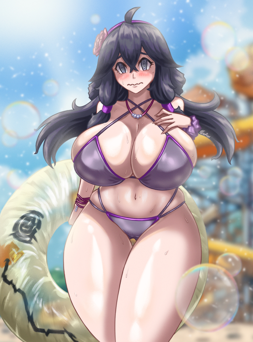 1girl @_@ ahoge artist_name bikini black_eyes black_hair blush breasts bubble cleavage curvy day female_focus fenrox flower gen_7_pokemon gluteal_fold grey_bikini hair_between_eyes hair_flower hair_ornament hairband hex_maniac_(pokemon) highres holding huge_breasts innertube jewelry long_hair looking_at_viewer matching_hair/eyes mimikyu navel necklace nintendo outdoors pokemon pokemon_xy sidelocks signature solo standing summer sweat swim_ring swimsuit thick_thighs thigh_gap thighs water_slide waterpark wavy_mouth wide_hips