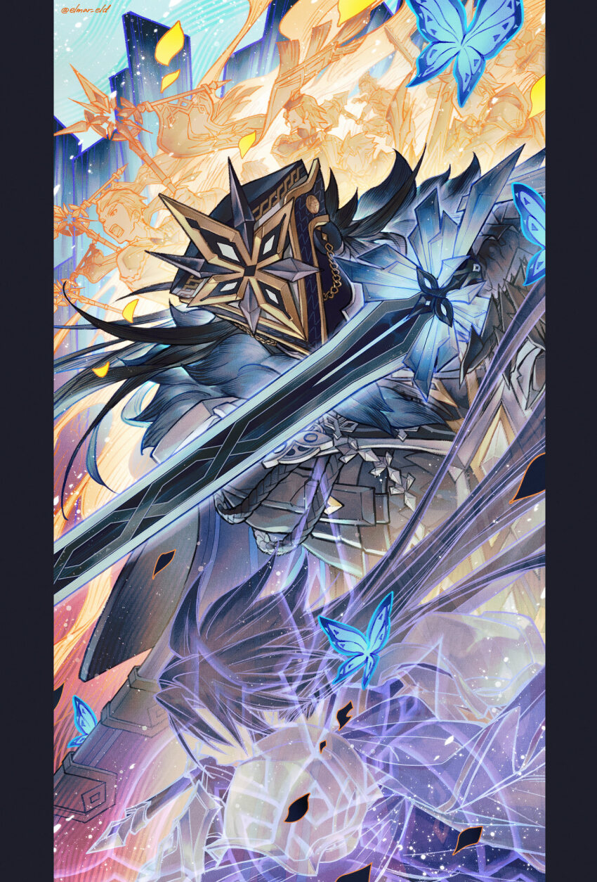 6+boys aiguillette armor artist_name black_coat black_hair blue_butterfly bug butterfly capitano_(genshin_impact) chain clawed_gauntlets coat coat_on_shoulders commentary_request dual_persona elmar fighting_stance flag floating_hair fur-trimmed_coat fur_trim gauntlets genshin_impact gold_chain guthred_(genshin_impact) hair_slicked_back helm helmet highres holding holding_flag holding_sword holding_weapon insect long_hair male_focus multiple_boys open_mouth pauldrons petals short_hair shoulder_armor spirit sword teeth twitter_username weapon