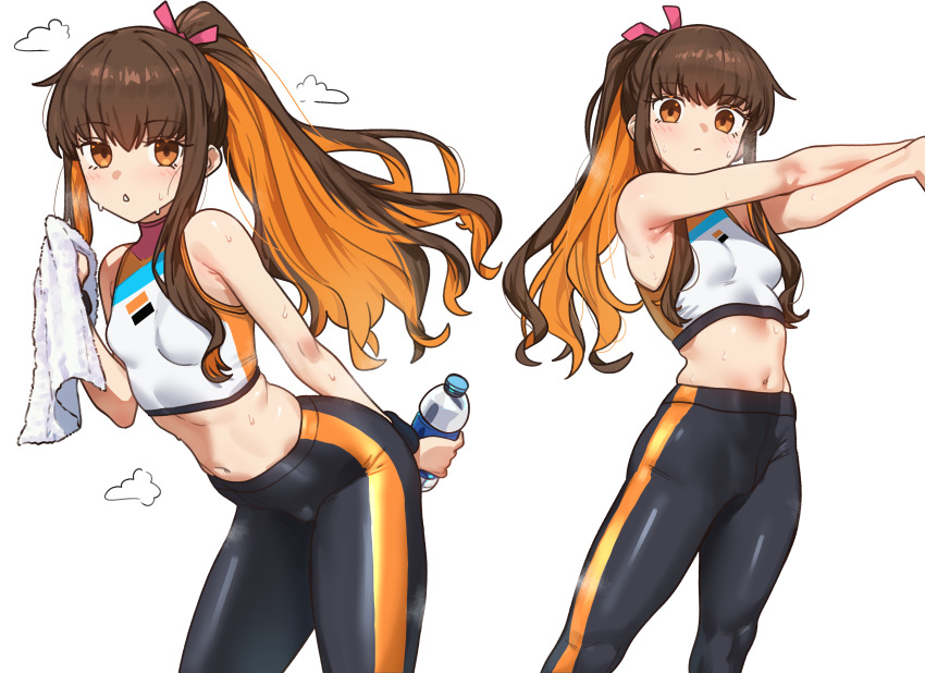 1girl absurdres adapted_costume armpit_crease black_pants breasts brown_eyes brown_hair celeb_summer_experience! colored_inner_hair commentary crop_top ebora english_commentary fate/grand_order fate_(series) highres holding holding_towel kishinami_hakuno_(female) looking_at_viewer midriff multicolored_hair multiple_views navel orange_hair orange_pants pants ponytail small_breasts stretching sweat sweatpants towel two-tone_hair two-tone_pants white_background