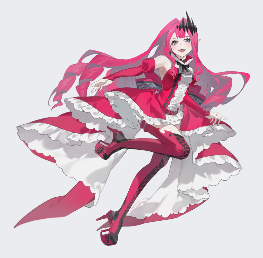 1girl baobhan_sith_(fate) baobhan_sith_(first_ascension)_(fate) blush boots breasts detached_sleeves dress earrings fangs fate/grand_order fate_(series) frilled_dress frills full_body hair_ornament highres jewelry knee_up lenpty_liuye long_hair open_mouth pink_hair platform_heels pointy_ears red_dress smile solo thigh_boots white_background