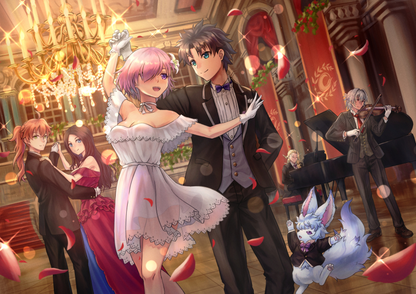 2girls 4boys ahoge animal antonio_salieri_(fate) aqua_eyes black_jacket black_pants blue_eyes blue_neckwear brown_hair closed_eyes commentary_request dancing dress dress_shirt dutch_angle fate/grand_order fate_(series) fou_(fate) fujimaru_ritsuka_(male) gloves hand_in_pocket highres holding holding_hands holding_instrument holding_violin indoors instrument jacket lens_flare leonardo_da_vinci_(fate) leonardo_da_vinci_(formal_dress)_(fate) long_hair long_sleeves mash_kyrielight mash_kyrielight_(formal_dress) multiple_boys multiple_girls music necktie off-shoulder_dress off_shoulder official_alternate_costume open_clothes open_jacket outdoors pants petals pink_hair playing_instrument playing_piano ponytail purple_eyes red_dress red_neckwear revision romani_archaman shirt short_dress short_hair silver_hair sleeveless sleeveless_dress spiked_hair tsukizaki_shizuka violin white_dress white_gloves white_shirt yellow_eyes