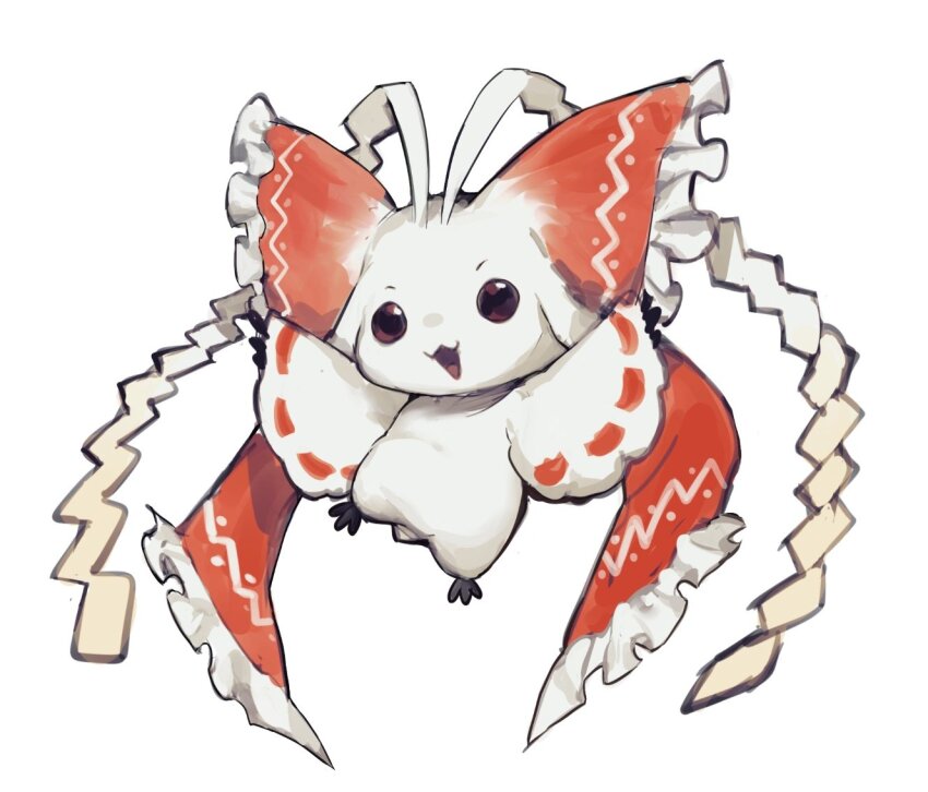 :3 digimon digimon_(creature) full_body fusion hakurei_reimu head_wings looking_at_viewer morphomon no_humans sayoko404 simple_background solo touhou white_background wings