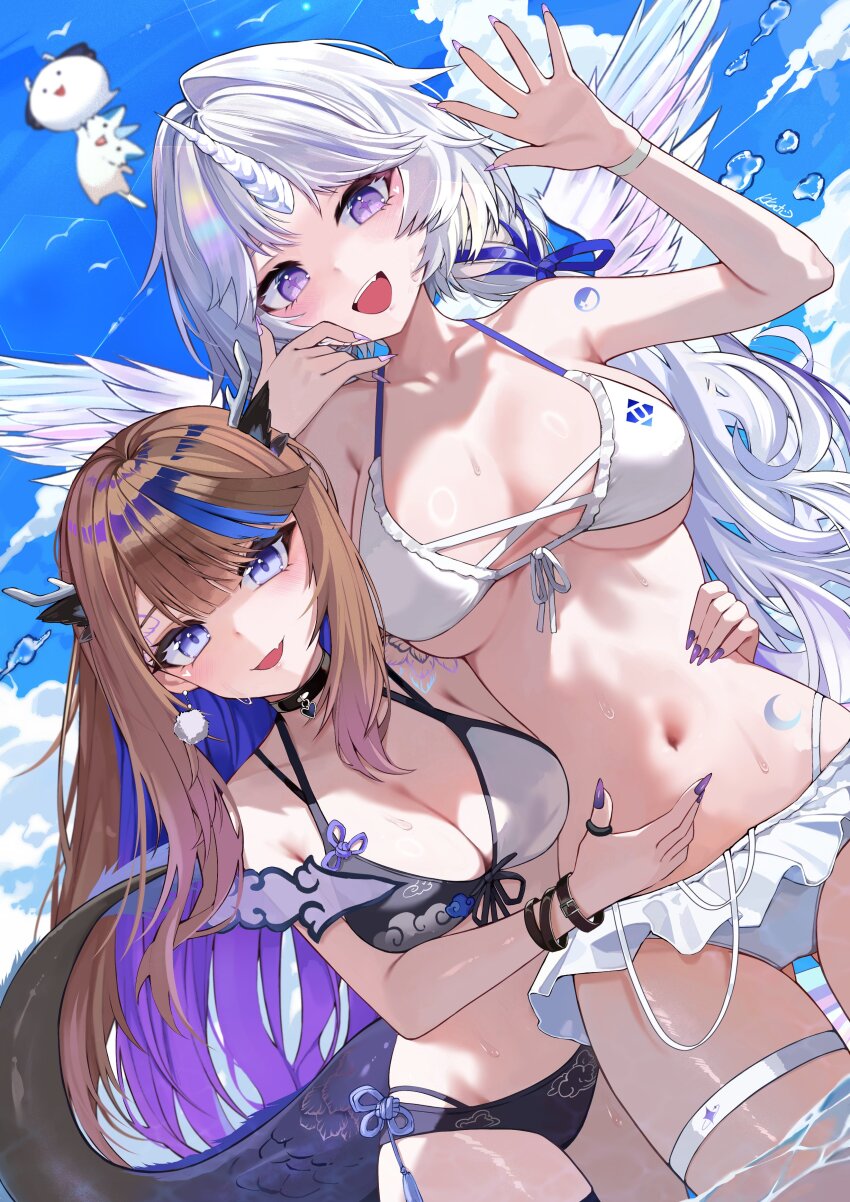 2girls :d absurdres airi_kanna ayatsuno_yuni bikini black_bikini black_choker blue_eyes blue_hair blue_sky bracelet breasts brown_hair choker cloud colored_inner_hair crescent_tattoo cross-shaped_pupils dragon_girl dragon_horns dragon_tail dutch_angle earrings fang fingernails floating_earring front-tie_bikini_top front-tie_top gradient_hair hair_intakes highres horns jewelry kkato large_breasts long_fingernails long_hair looking_at_viewer multicolored_bikini multicolored_hair multiple_girls nail_polish navel open_mouth purple_eyes purple_hair purple_nails skin_fang sky smile stellive stomach streaked_hair swimsuit symbol-shaped_pupils tail teeth thigh_strap two-tone_bikini unicorn_girl unicorn_horn upper_teeth_only very_long_hair virtual_youtuber wading water waving white_bikini white_hair wings