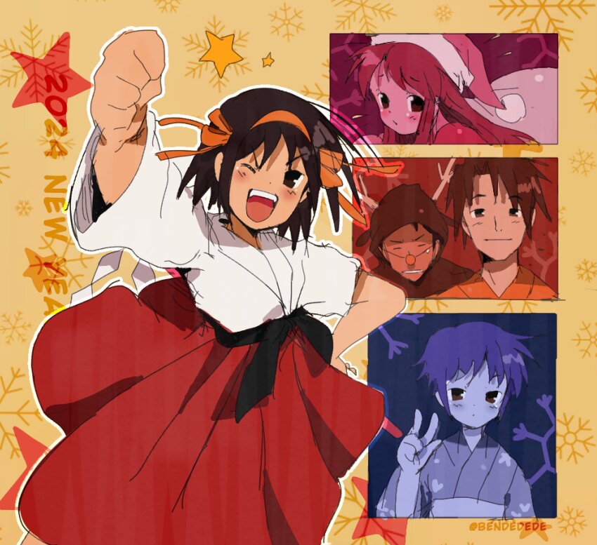 2boys 3girls animal_costume asahina_mikuru bendedede brown_hair christmas hair_ornament hairband hakama hat highres japanese_clothes kimono kita_high_school_uniform koizumi_itsuki kyon long_sleeves multiple_boys multiple_girls nagato_yuki one_eye_closed red_ribbon reindeer_costume ribbon robe santa_costume santa_hat school_uniform short_hair skirt smile suzumiya_haruhi suzumiya_haruhi_no_yuuutsu v yukata