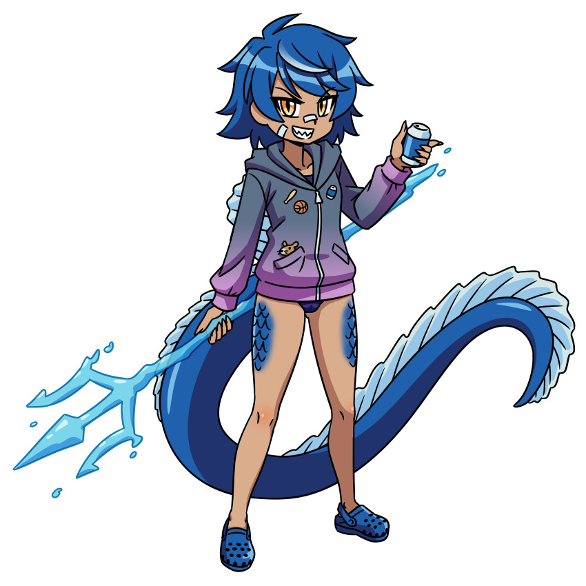 1girl bandages blue_hair can commission commissioner_upload crocs dark-skinned_female dark_skin dinosaur_girl dinosaur_tail drink_can fingernails hood hoodie multicolored_hair orange_eyes original otchakun_(artist) polearm robin_injigo school_swimsuit sharp_fingernails sharp_teeth short_hair smile soda_can solo spinosaurus swimsuit swimsuit_under_clothes tail teeth trident two-tone_hair water weapon white_hair