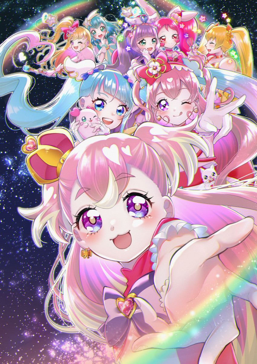 6+girls :3 ;q absurdres animal animal_ears aqua_dress aqua_eyes aqua_hair asahina_mirai blonde_hair blue_eyes blue_hair bow bowtie brooch cake choker closed_mouth commentary_request crown cure_majesty cure_milky cure_miracle cure_precious cure_sky cure_sunshine cure_whip cure_wonderful cut_bangs delicious_party_precure dress earrings ellee-chan food food-themed_hair_ornament foreshortening gloves hagoromo_lala hair_bow hair_ornament hat hat_ornament heart heart_brooch heartcatch_precure! highres hirogaru_sky!_precure holding holding_animal holding_wand in-franchise_crossover inukai_komugi jewelry kirakira_precure_a_la_mode kome-kome kururun_(precure) long_hair looking_at_another looking_at_viewer magical_girl mahou_girls_precure! medium_hair mini_crown mini_hat mini_witch_hat multicolored_hair multiple_girls myoudouin_itsuki nagomi_yui one_eye_closed open_mouth partial_commentary pink_eyes pink_hair pink_hat precure puffy_short_sleeves puffy_sleeves purple_bow purple_bowtie purple_eyes purple_hair rabbit_ears rainbow reaching reaching_towards_viewer red_bow red_crown red_dress see-through_clothes see-through_sleeves short_sleeves side_ponytail smile sora_harewataru space star_(symbol) star_brooch star_earrings star_hair_ornament star_hat_ornament star_twinkle_precure strawberry_shortcake streaked_hair tongue tongue_out tropical-rouge!_precure twintails two-tone_hair two_side_up usami_ichika v very_long_hair wand white_gloves wing_hair_ornament witch_hat wonderful_precure! yellow_choker yumomonono