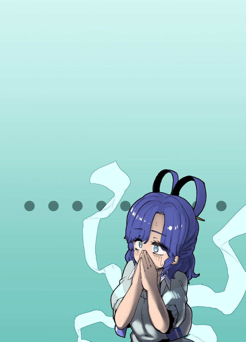 ... 1girl absurdres back_cover blue_background blue_dress blue_eyes blue_hair blush collared_vest commentary_request cover covering_own_mouth dress drill_hair drill_sidelocks hagoromo hair_ornament hair_rings hair_stick highres kaku_seiga open_clothes open_vest own_hands_together puffy_short_sleeves puffy_sleeves shawl shika_miso short_hair short_sleeves sidelocks simple_background solo touhou upper_body vest white_vest