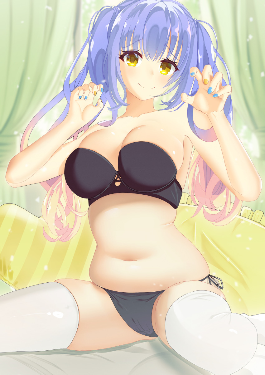 1girl absurdres all_happy alternate_costume bare_shoulders black_bra black_panties blonde_hair blue_hair blue_nails bra breasts claw_pose closed_mouth collarbone commentary_request curtains curvy eyelashes eyes_visible_through_hair feet_out_of_frame gradient_hair gyaru hair_between_eyes hands_up heart heart-shaped_pillow highres indoors kohibari_kurumi large_breasts long_hair looking_at_viewer multicolored_hair nail_polish navel on_bed panties pillow plump raised_eyebrows side-tie_panties sidelocks sitting skindentation smile solo split_mouth stomach strapless strapless_bra tenshi_souzou_re-boot! thighhighs thighs twintails underwear wariza white_thighhighs yellow_eyes yellow_nails