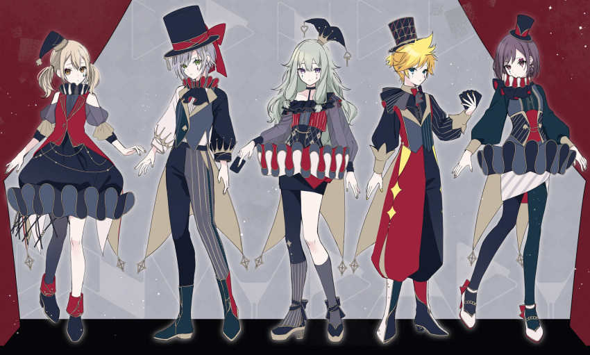 1boy 25-ji_len 4girls april_fools ascot asymmetrical_clothes asymmetrical_legwear asymmetrical_pants asymmetrical_sleeves azusawa_kohane bare_shoulders between_fingers blonde_hair blue_ascot blue_boots blue_eyes blue_shoes boots bow brown_eyes brown_hair card card_between_fingers coattails collarbone commentary_request corset crossed_bangs crown diamond_facial_mark dress envy_baby_(vocaloid) facial_mark frilled_skirt frills full_body green_eyes green_hair grey_hair hair_between_eyes hat hat_bow heart heart_facial_mark highres hinomori_shiho holding holding_card kagamine_len kusanagi_nene long_hair long_sleeves looking_at_viewer low-tied_sidelocks mini_crown mini_hat mismatched_sleeves multiple_girls nail_polish neck_ruff project_sekai puffy_dress puffy_long_sleeves puffy_pants puffy_sleeves purple_eyes red_bow see-through_clothes see-through_sleeves shinonome_ena shoes short_hair sidelocks sideways_hat single_leg_pantyhose skirt sleeveless sleeveless_dress spiked_hair standing striped_clothes swept_bangs teardrop_facial_mark tomo7xxxx top_hat twintails underbust vertical-striped_clothes vocaloid white_shoes yellow_nails