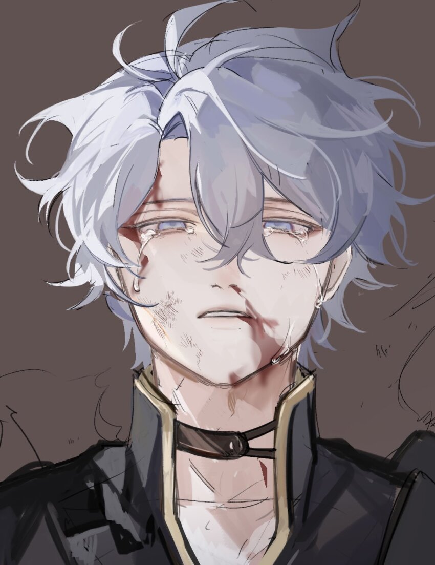 1boy antenna_hair black_choker black_shirt blood blood_from_mouth blood_on_face blood_stain blue_eyes brown_background bruise bruise_on_face choker collared_shirt commentary_request crying head_only highres honkai:_star_rail honkai_(series) injury looking_at_viewer messy_hair nosebleed parted_lips phainon_(honkai:_star_rail) portrait shade shirt short_hair simple_background sketch solo streaming_tears tears unfinished upper_body wavy_hair white_shirt zonega4u