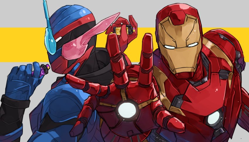 2boys arc_reactor armor bbbb_fex blue_armor blue_eyes crossover fullbottle heterochromia highres iron_man iron_man_(2008) iron_man_(series) kamen_rider kamen_rider_build kamen_rider_build_(series) marvel marvel_cinematic_universe multiple_boys power_armor rabbit+tank_form red_armor red_eyes trait_connection white_eyes