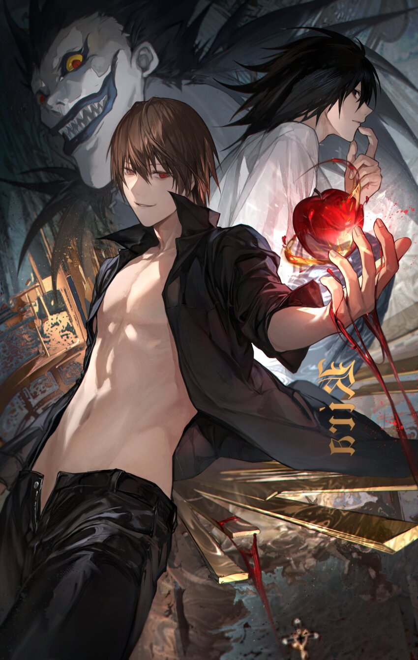3boys absurdres apple black_eyes black_hair black_lips black_shirt brown_hair commentary death_note finger_to_mouth food fruit grin highres holding holding_food holding_fruit kkamiiz l_(death_note) looking_to_the_side male_focus medium_hair multiple_boys open_clothes open_shirt pants partially_unzipped pectorals red_eyes ryuk sharp_teeth shinigami shirt short_hair smile stomach teeth white_shirt yagami_light