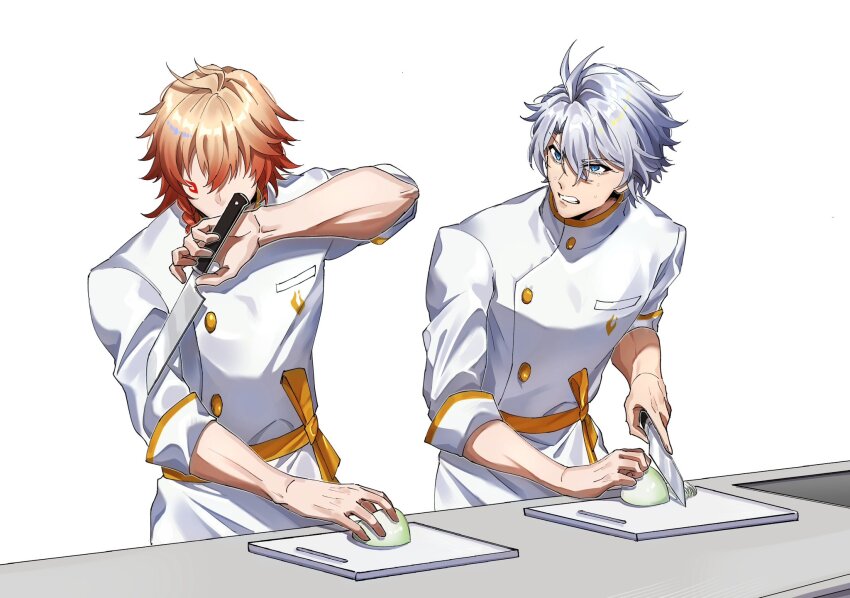 2boys blonde_hair blue_eyes commentary_request cutting_board cutting_onions faceless faceless_male gradient_hair highres holding holding_knife honkai:_star_rail honkai_(series) knife male_focus multicolored_hair multiple_boys mydei_(chrysos_chef)_(honkai:_star_rail) mydei_(honkai:_star_rail) phainon_(chrysos_chef)_(honkai:_star_rail) phainon_(honkai:_star_rail) red_hair shirt simple_background white_background white_hair white_shirt yuka_(pixiv38407039)