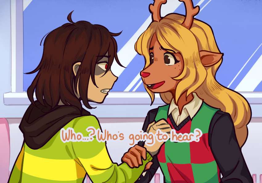 1girl 1other alternate_skin_color animal_ears antlers blonde_hair brown_hair checkered_clothes checkered_vest deer_antlers deer_ears deer_girl deltarune drawthiere furry furry_female highres horns kris_(deltarune) long_hair long_sleeves noelle_holiday reindeer_girl teeth two-tone_sweater_vest vest weird_route_(deltarune)