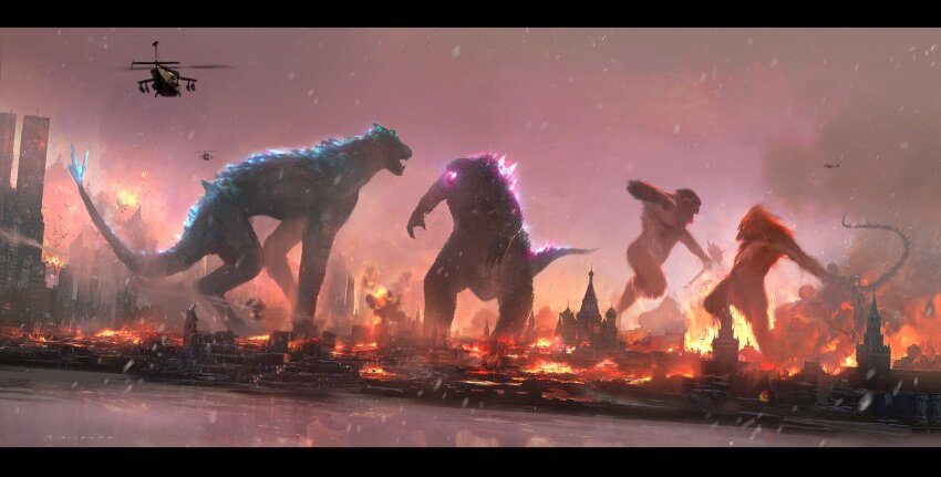 aircraft ape axe bald battle_axe beard blood bone_axe bone_weapon bone_whip church city clock clock_tower concept_art crossover crystal crystal_weapon day destruction dusk energy facial_hair fangs fighting fire giant giant_monster glowing glowing_mouth glowing_spikes godzilla godzilla_(monsterverse) godzilla_(series) godzilla_evolved godzilla_x_kong:_the_new_empire gorilla helicopter highres kaiju king_kong king_kong&#039;s_battle_axe king_kong_(series) kremlin_clock legendary_pictures matt_allsopp military monster monsterverse moscow moscow_kremlin no_humans official_art open_mouth orangutan palace real_world_location ribs russia saint_basil&#039;s_cathedral sharp_teeth shimo_(monsterverse) skar_king smoke snow snowing spasskaya_tower spiked_tail spikes spine st_basil&#039;s_cathedral storm tail teeth thagomizer toho tower war_paint weapon whip whip_sword whipslash wind