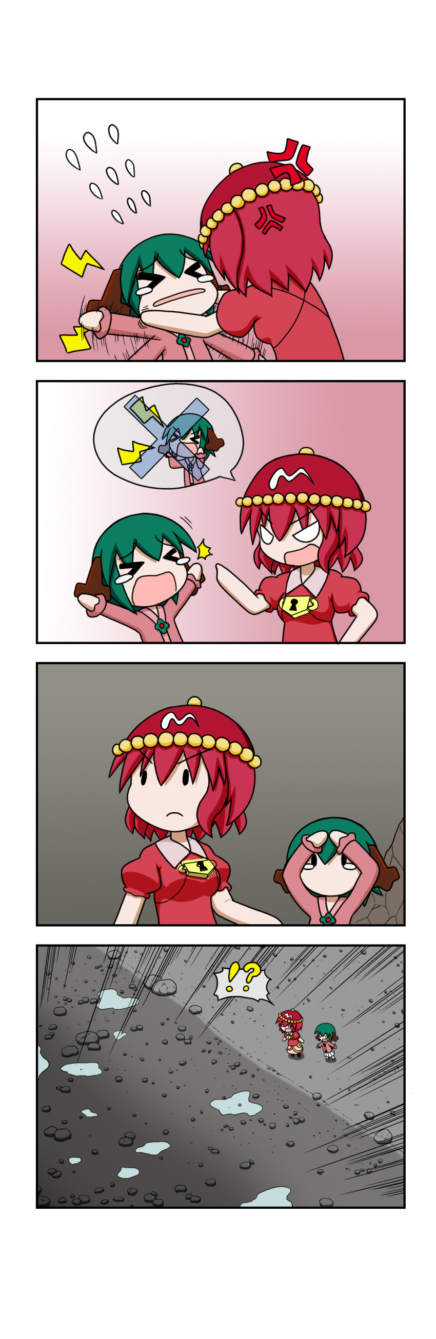 !? &gt;_&lt; 2girls 4koma absurdres afterimage anger_vein animal_ears arms_up cheek_pull comic dress emphasis_lines flailing flick flying_sweatdrops frown furrowed_brow green_hair hands_on_own_head highres kasodani_kyouko kawashiro_mitori lock long_sleeves multiple_girls o_o original pink_dress pink_skirt puddle puffy_short_sleeves puffy_sleeves rakugaki-biyori red_hair red_headwear red_shirt riverbank rock shirt short_hair short_sleeves shouting silent_comic skirt solid_oval_eyes speech_bubble spoken_interrobang spoken_x tears touhou white_skirt