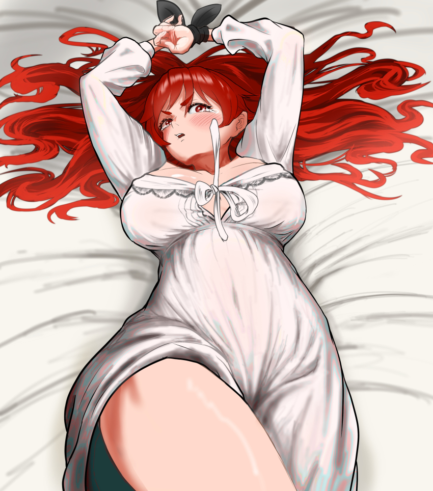 1girl absurdres arms_up bdsm blush bondage bound bound_wrists breasts breasts_apart commentary covered_navel eris_greyrat highres large_breasts long_hair long_sleeves looking_at_viewer lying mine. mushoku_tensei nightgown official_alternate_costume on_back parted_lips red_eyes red_hair solo tearing_up thighs v-shaped_eyebrows white_nightgown