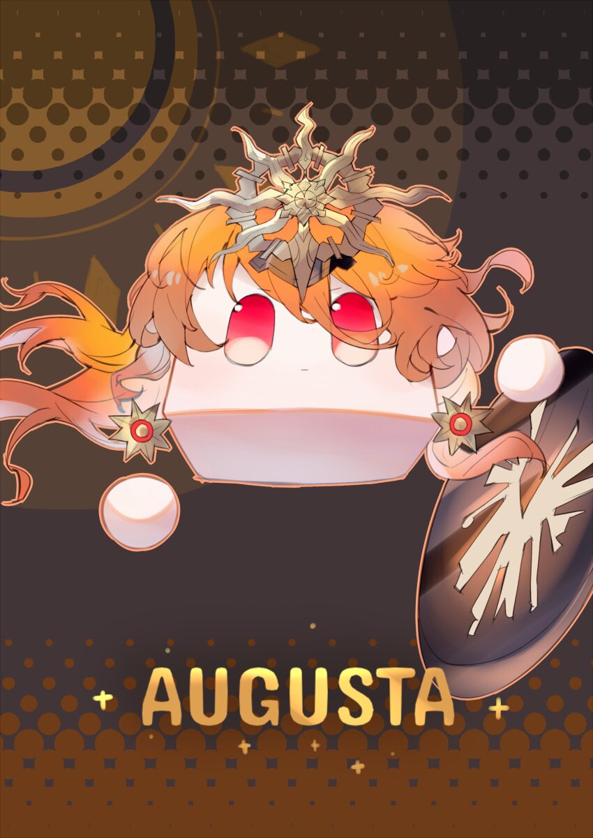 absurdres augusta_(wuthering_waves) character_name closed_mouth commentary_request eadgear earrings grey_background highres jewelry long_hair no_humans orange_hair red_eyes remnant_cube_(wuthering_waves) shigureszku sun_earrings wuthering_waves