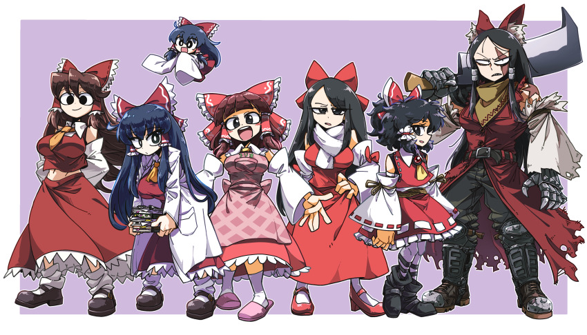 6+girls :d absurdres amerika_zarigani apron armored_boots arms_behind_back ascot bags_under_eyes bandana belt black_belt black_eyes black_footwear black_hair black_pants blunt_bangs blush book book_stack boots bow breasts bright_pupils brooch brown_hair burn_scar buttons cleaver closed_mouth coat collared_shirt commentary_request constricted_pupils cookie_(touhou) cowlick detached_sleeves dress empty_eyes expressionless flat_chest flying forehead frilled_bow frilled_hair_tubes frilled_shirt_collar frilled_skirt frills full_body gauntlets glaring hair_bow hair_tubes hakurei_reimu hand_on_own_hip haruka_(cookie) highres holding holding_book holding_sword holding_weapon hotaruda_(cookie) jewelry lab_coat large_breasts leaning_forward long_hair looking_at_viewer looking_to_the_side loose_socks mary_janes medium_breasts midriff mini_person minigirl multiple_girls navel necktie noel_(cookie) open_clothes open_coat open_mouth pants pantyhose pink_apron pink_slippers profile purple_background red_bow red_coat red_dress red_footwear red_shirt red_skirt red_vest ribbon ribbon-trimmed_sleeves ribbon_trim round_teeth rurima_(cookie) scar scar_across_eye scar_on_face scarf sharp_teeth shinonome_(cookie) shiromiya_rei shirt shoes short_hair sidelocks skirt skirt_set sleeve_bow sleeve_ribbon sleeveless sleeveless_shirt slippers smile socks standing swept_bangs sword teeth torn_clothes torn_coat torn_sleeves touhou two-tone_background upper_teeth_only v-shaped_eyebrows vest weapon white_background white_coat white_pantyhose white_pupils white_scarf white_sleeves white_socks wide_sleeves yellow_ascot yellow_bandana yellow_necktie yellow_ribbon yuki_haruka
