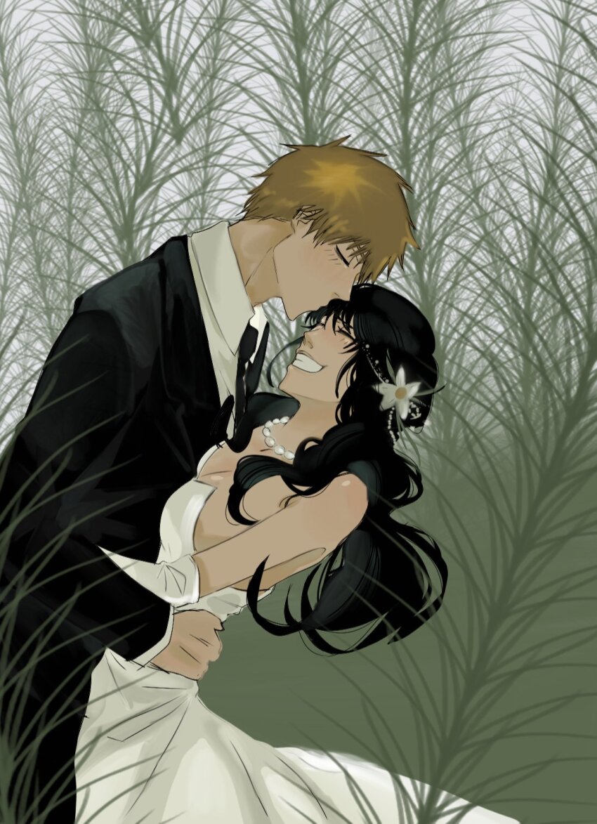 1boy 1girl 31ulkubo black_hair black_suit blonde_hair breasts bride chainsaw_man closed_eyes denji_(chainsaw_man) dress elbow_gloves formal_clothes gloves groom hetero highres jewelry kiss kissing_forehead long_hair mitaka_asa necklace pearl_necklace plant redrawn short_hair small_breasts suit teeth wedding_dress white_dress white_gloves