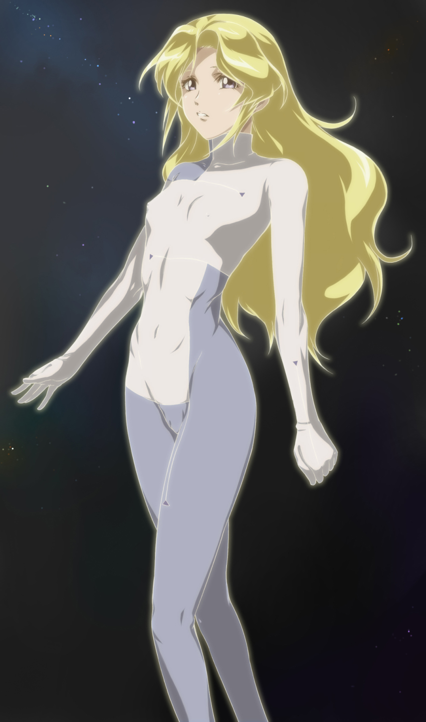 00s 1girl blonde_hair blue_eyes bodysuit cameltoe covered_erect_nipples deianeira female_focus flat_chest heroic_age highres long_hair non-web_source skin_tight solo space turtleneck zundarepon