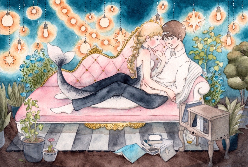 1boy 1girl blonde_hair braid braided_ponytail brown_hair chaise_longue commentary_request full_body hetero highres horns indoors interspecies long_hair looking_at_another mermaid monster_girl narwhal_girl original painting_(medium) shirt short_hair single_horn sitting traditional_media usape0kyun watercolor_(medium) white_shirt