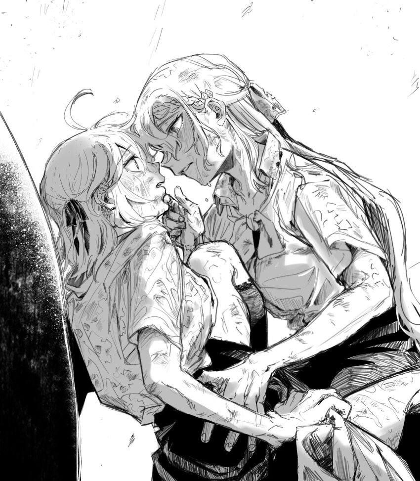 2girls anisphia_wynn_palettia bow bowtie collarbone commentary_request contemporary euphyllia_magenta eye_contact greyscale hair_ribbon hand_on_another&#039;s_chin highres koyomania long_hair looking_at_another medium_hair monochrome multiple_girls parted_lips ribbon short_sleeves skirt tensei_oujo_to_tensai_reijou_no_mahou_kakumei wet wet_clothes yuri
