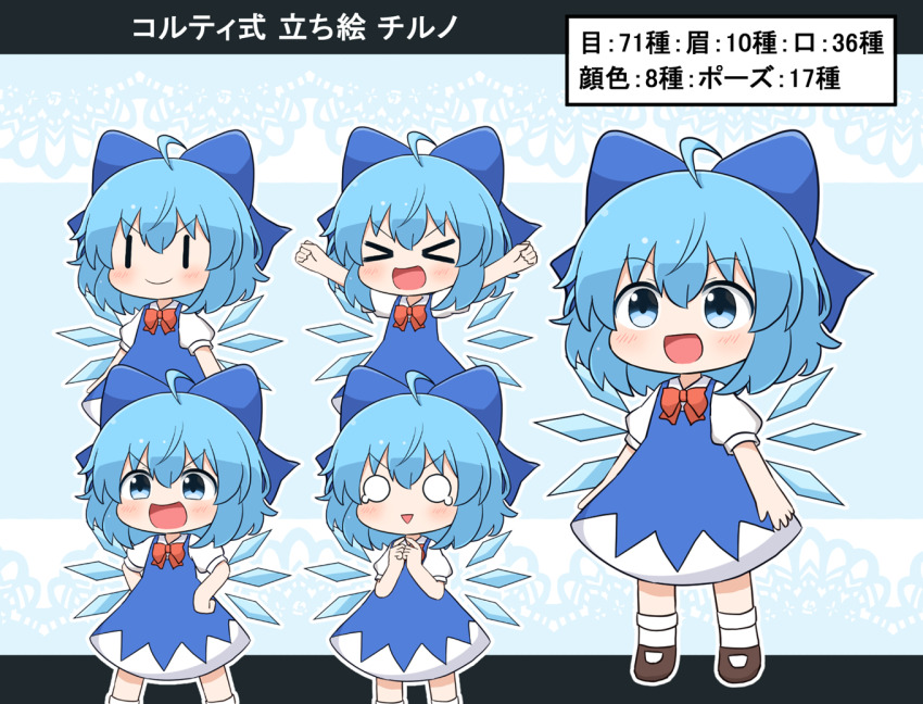 &gt;_&lt; 1girl ahoge blue_bow blue_dress blue_eyes blue_hair blush bow bowtie cirno commentary_request coruthi detached_wings dress hair_bow ice ice_wings open_mouth pinafore_dress red_bow red_bowtie short_sleeves sleeveless sleeveless_dress smile smug socks standing tears touhou translation_request white_socks wings |_|