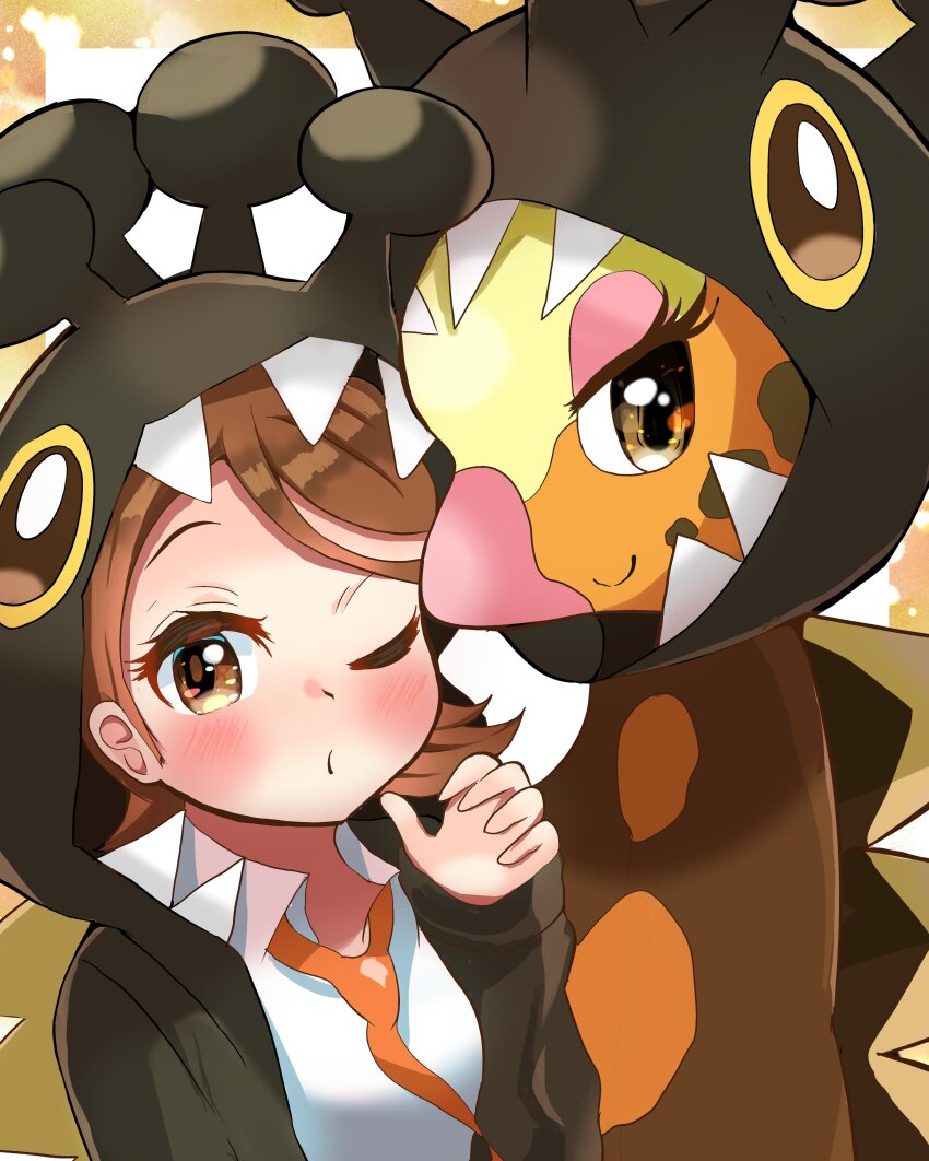 1girl absurdres black_jacket blush brown_eyes brown_hair carrot_summer eyelashes farigiraf hand_up highres hood hood_up hooded_jacket jacket juliana_(pokemon) long_sleeves naranja_academy_school_uniform necktie nintendo one_eye_closed open_clothes open_jacket orange_necktie pokemon pokemon_(creature) pokemon_sv school_uniform shirt short_hair white_shirt