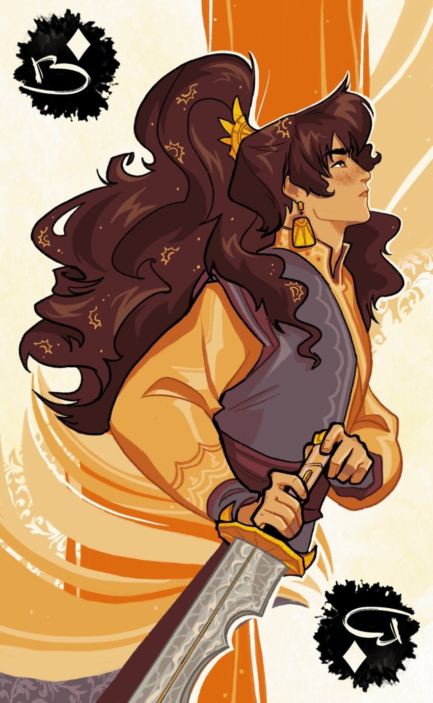 1boy amonimy brown_eyes brown_hair card card_(medium) closed_mouth curly_hair earrings gold_earrings hair_ornament highres holding holding_sword holding_weapon jack_(playing_card) jack_of_diamonds jewelry long_hair long_sleeves looking_up male_focus orange_background playing_card ponytail purple_tunic quan_yizhen solo sun_earrings sword tianguan_cifu tunic upper_body very_long_hair weapon yellow_hanfu