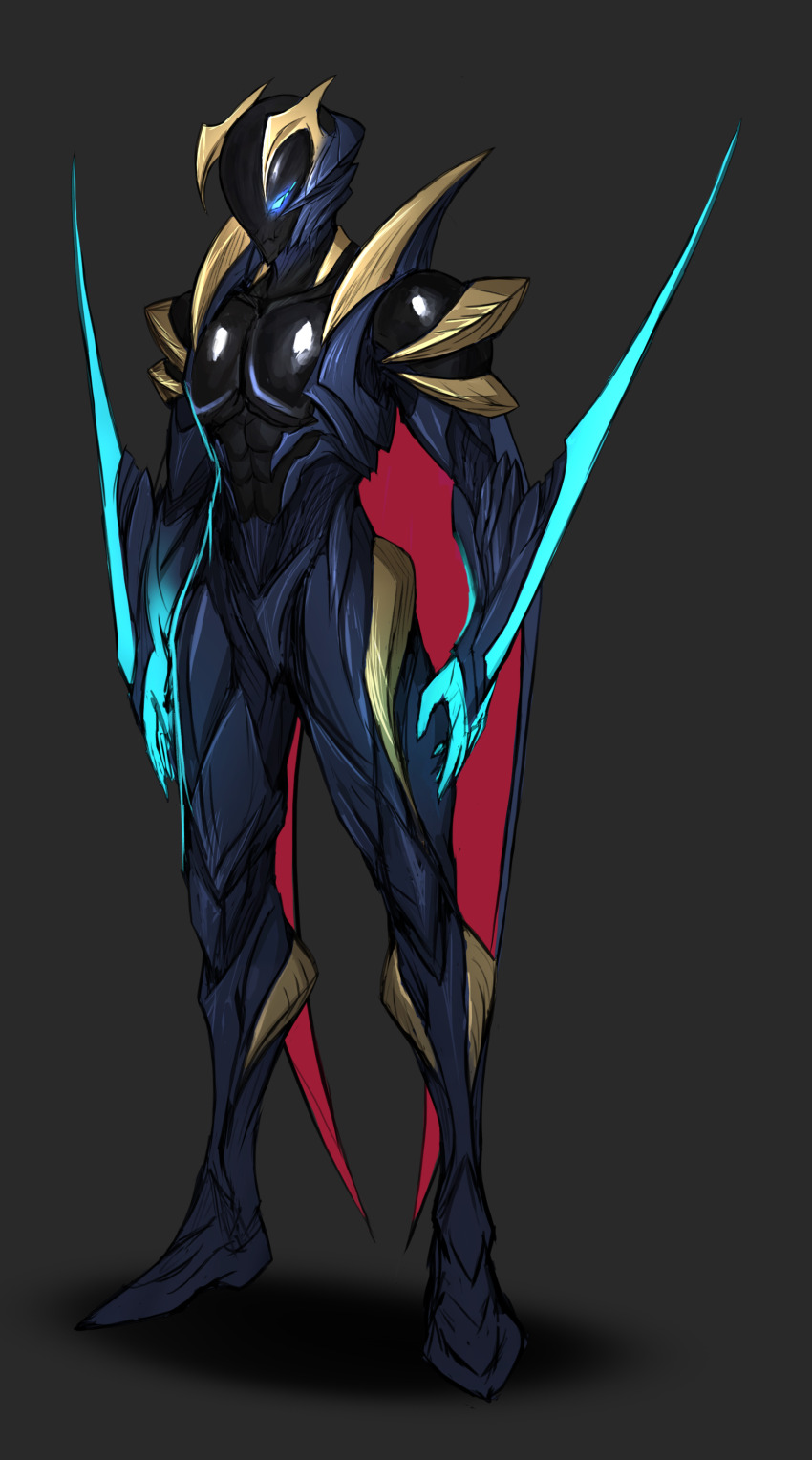 3ok absurdres arm_blade blue_skin chinese_commentary colored_skin demon demon_boy demon_horns demon_wings devilman devilman_(character) devilman_crybaby glowing glowing_eyes gold_horns grey_background highres horns looking_at_viewer male_focus original red_wings standing stylistic weapon wings